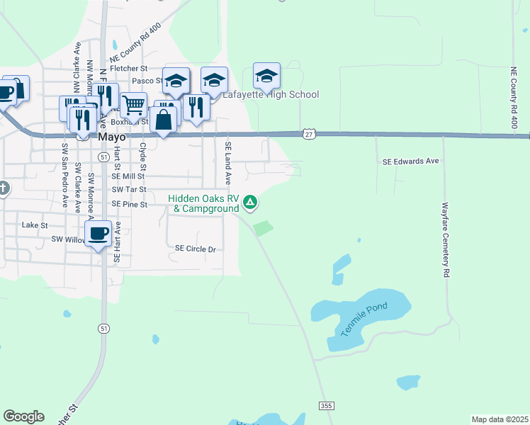 map of restaurants, bars, coffee shops, grocery stores, and more near 143 Southeast County Road 355 in Mayo