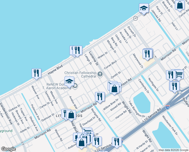 map of restaurants, bars, coffee shops, grocery stores, and more near 10937 Curran Road in New Orleans