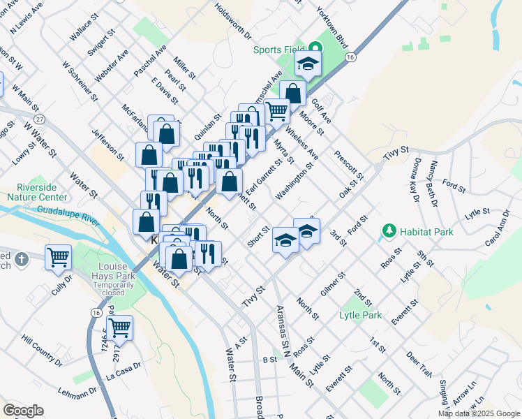 map of restaurants, bars, coffee shops, grocery stores, and more near 828 Barnett Street in Kerrville