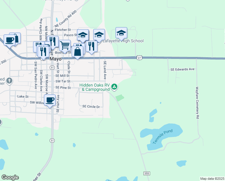 map of restaurants, bars, coffee shops, grocery stores, and more near 143 County Road 355 in Mayo