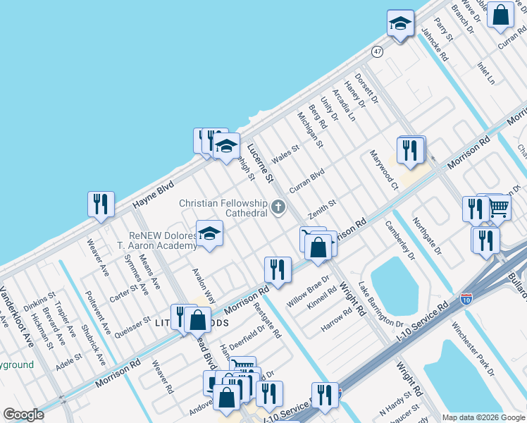 map of restaurants, bars, coffee shops, grocery stores, and more near 10937 Curran Road in New Orleans