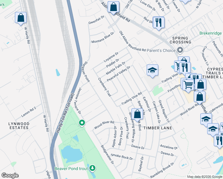 map of restaurants, bars, coffee shops, grocery stores, and more near 2307 Cranberry Circle in Spring