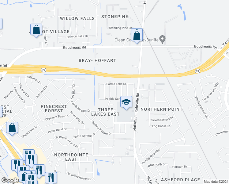 map of restaurants, bars, coffee shops, grocery stores, and more near 19723 River Breeze Drive in Tomball
