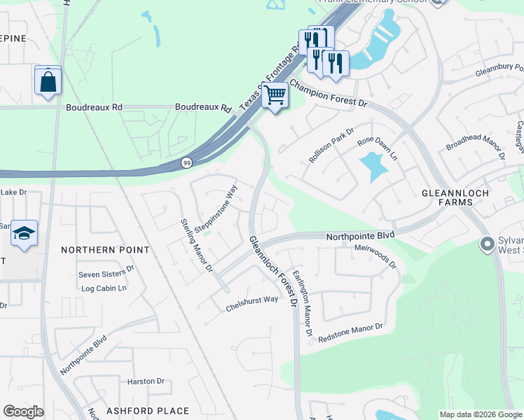 map of restaurants, bars, coffee shops, grocery stores, and more near 1624 Grable Cove Lane in Spring