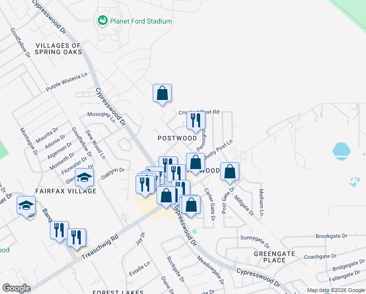 map of restaurants, bars, coffee shops, grocery stores, and more near 23131 Good Dale Lane in Spring