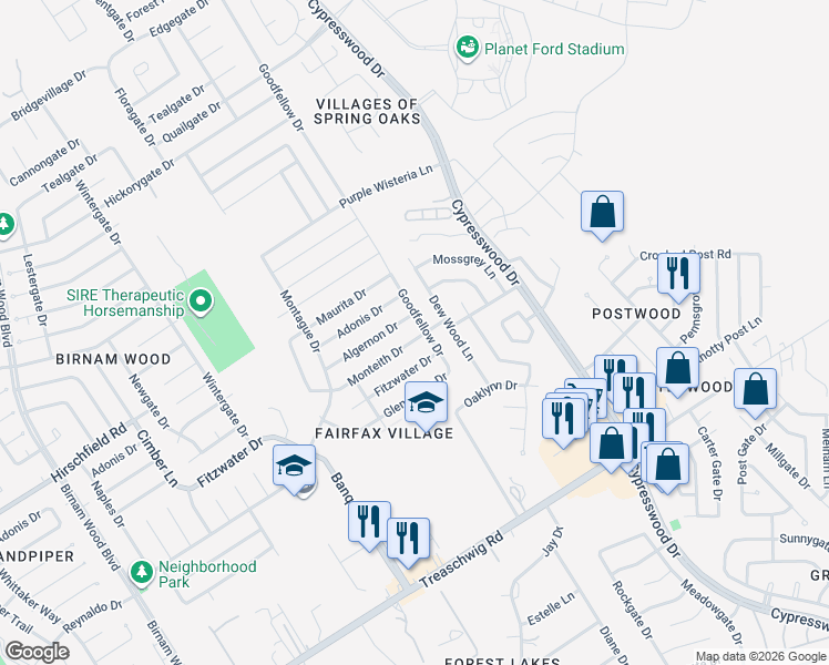 map of restaurants, bars, coffee shops, grocery stores, and more near 5026 Algernon Drive in Spring
