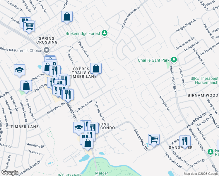 map of restaurants, bars, coffee shops, grocery stores, and more near 3223 Ciderwood Drive in Spring
