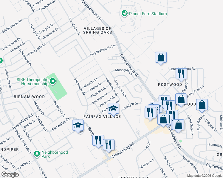 map of restaurants, bars, coffee shops, grocery stores, and more near 5026 Algernon Drive in Spring