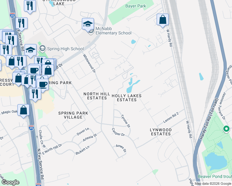 map of restaurants, bars, coffee shops, grocery stores, and more near 1 Holly Tree Lane in Spring