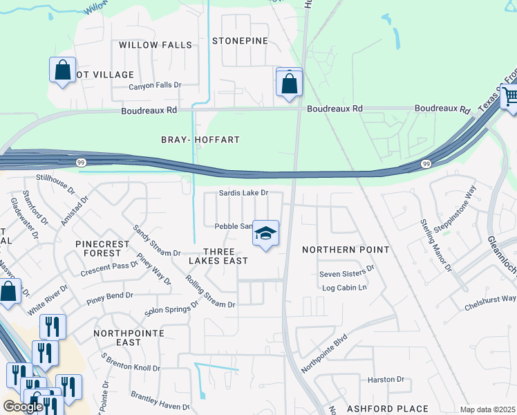 map of restaurants, bars, coffee shops, grocery stores, and more near 19802 Rocky Shores Drive in Tomball