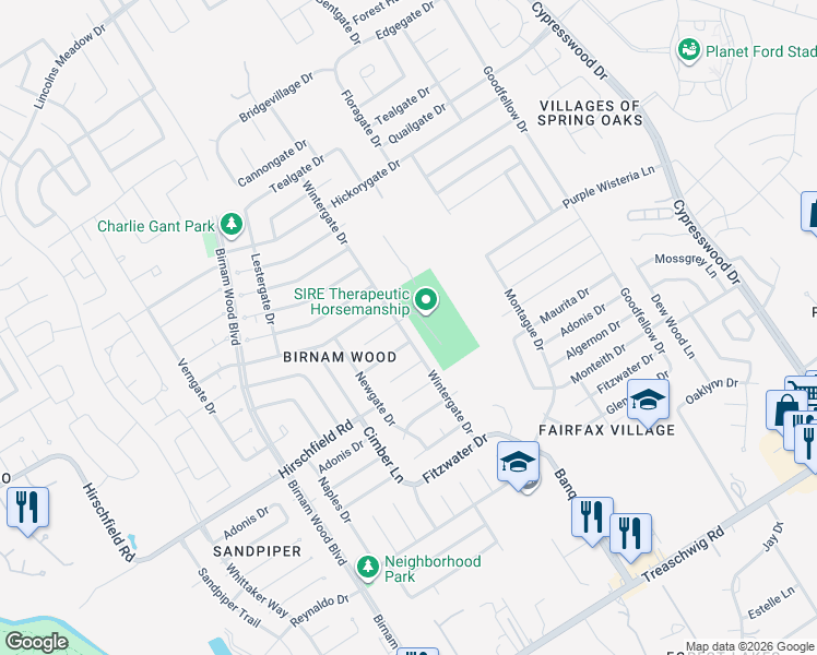map of restaurants, bars, coffee shops, grocery stores, and more near 23434 Wintergate Drive in Spring