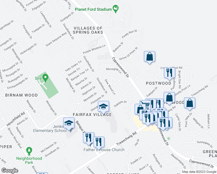 map of restaurants, bars, coffee shops, grocery stores, and more near 23303 Dew Wood Lane in Spring