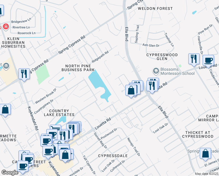 map of restaurants, bars, coffee shops, grocery stores, and more near 19415 Country Village Drive in Spring