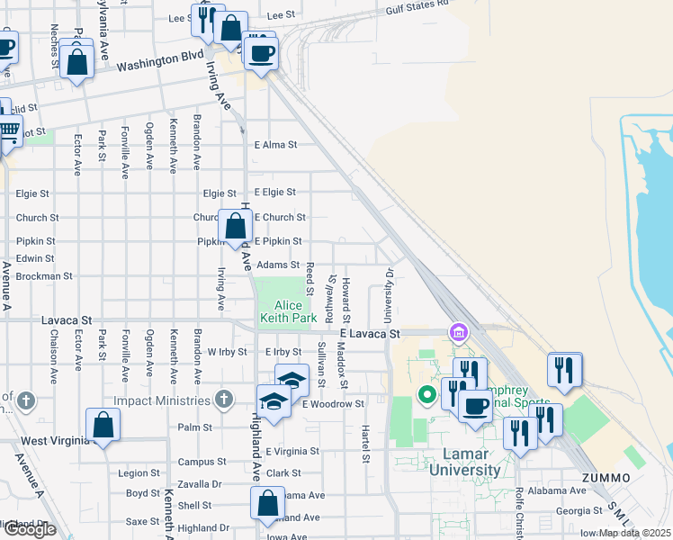 map of restaurants, bars, coffee shops, grocery stores, and more near 520 Adams Street in Beaumont