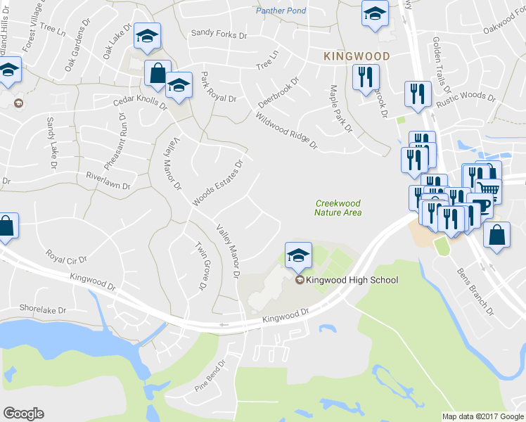 map of restaurants, bars, coffee shops, grocery stores, and more near 2620 Royal Trail Drive in Houston