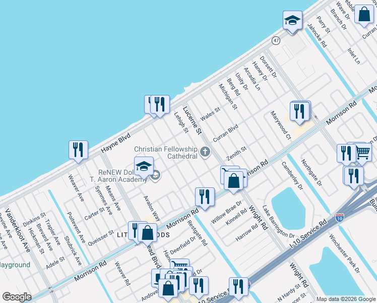 map of restaurants, bars, coffee shops, grocery stores, and more near 10937 Curran Road in New Orleans
