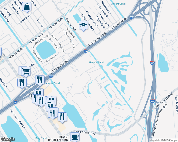 map of restaurants, bars, coffee shops, grocery stores, and more near 6010 South Muirfield Circle in New Orleans