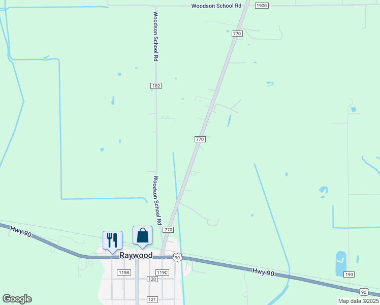 map of restaurants, bars, coffee shops, grocery stores, and more near 539 Farm to Market Road 770 in Liberty