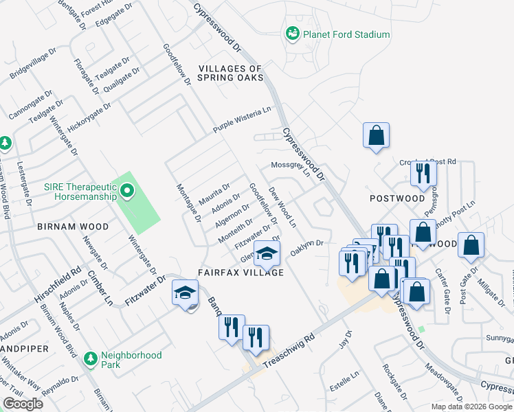 map of restaurants, bars, coffee shops, grocery stores, and more near 5026 Algernon Drive in Spring