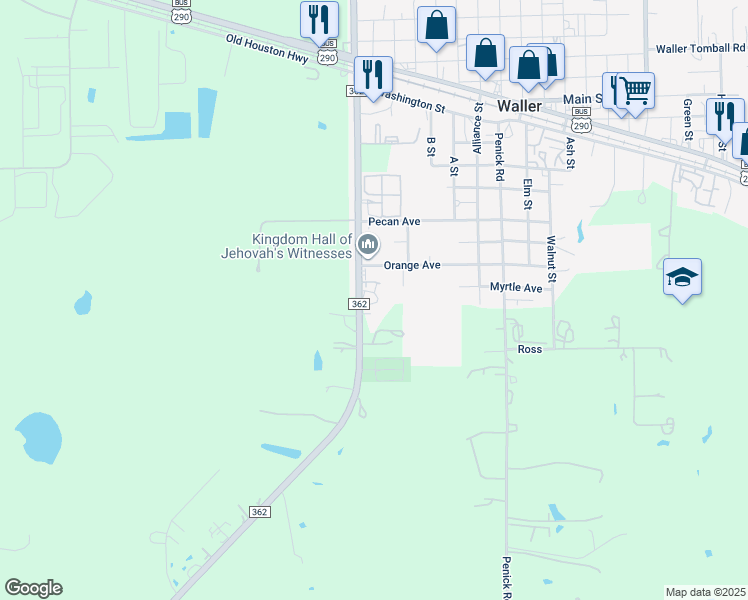 map of restaurants, bars, coffee shops, grocery stores, and more near 19410 Farm to Market 362 in Waller