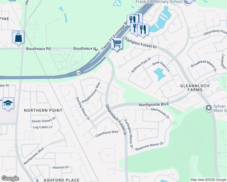 map of restaurants, bars, coffee shops, grocery stores, and more near 1624 Grable Cove Lane in Spring