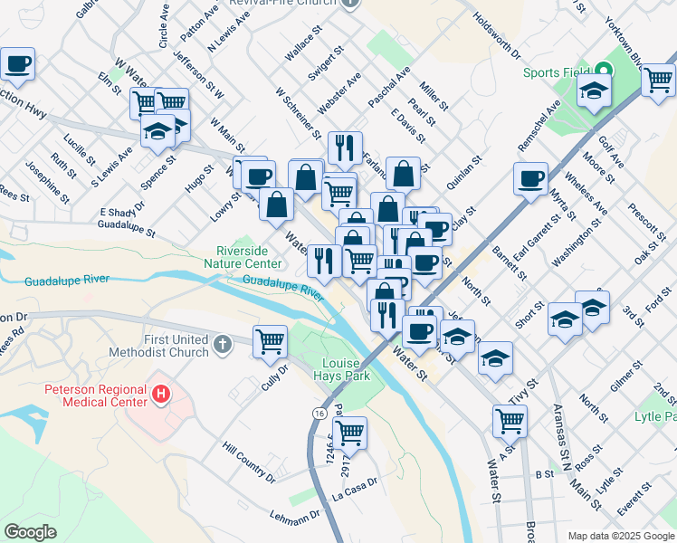 map of restaurants, bars, coffee shops, grocery stores, and more near 408 Water Street in Kerrville