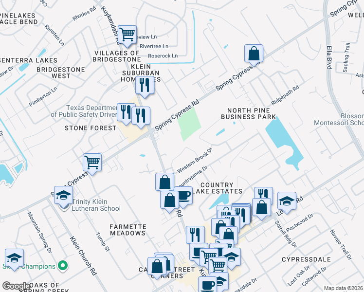 map of restaurants, bars, coffee shops, grocery stores, and more near 4606 Verbena Valley Way in Spring