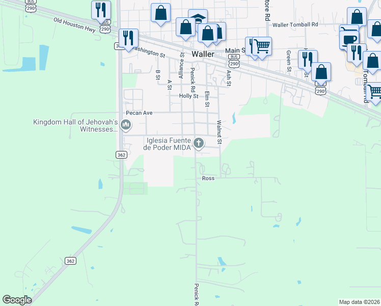 map of restaurants, bars, coffee shops, grocery stores, and more near 107 Penick Road in Waller