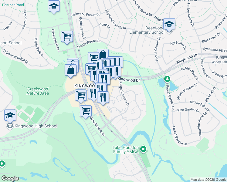 map of restaurants, bars, coffee shops, grocery stores, and more near 2817 King's Retreat Circle in Houston