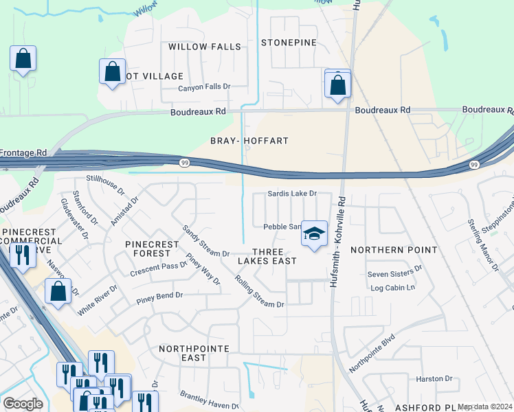 map of restaurants, bars, coffee shops, grocery stores, and more near 19810 Shores Edge Drive in Tomball
