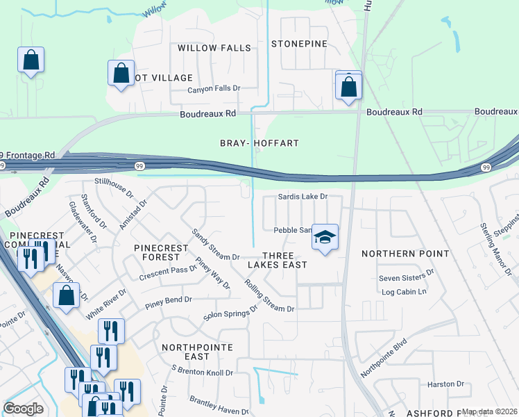 map of restaurants, bars, coffee shops, grocery stores, and more near 19811 Shores Edge Drive in Tomball
