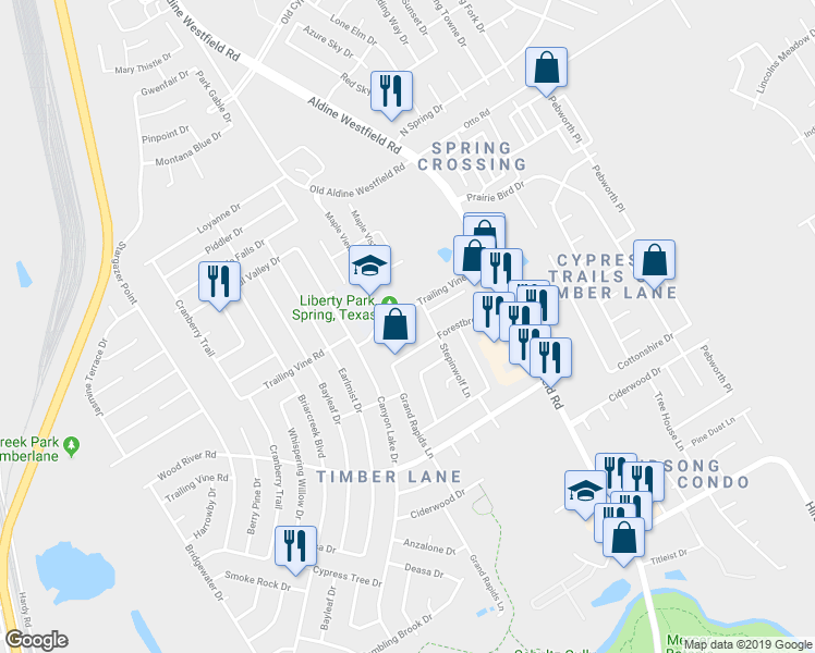 map of restaurants, bars, coffee shops, grocery stores, and more near 2814 Trailing Vine Road in Spring