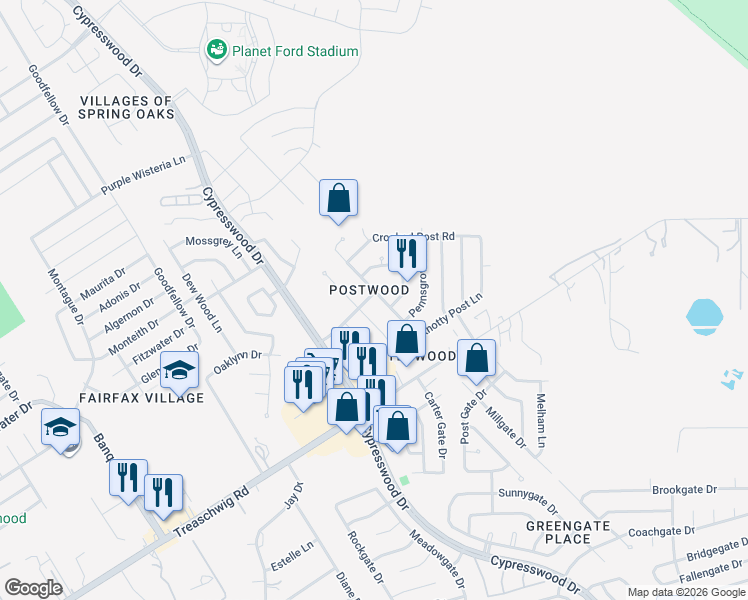 map of restaurants, bars, coffee shops, grocery stores, and more near 23131 Good Dale Ln in Spring