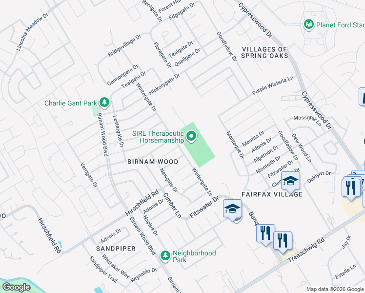 map of restaurants, bars, coffee shops, grocery stores, and more near 23434 Wintergate Drive in Spring