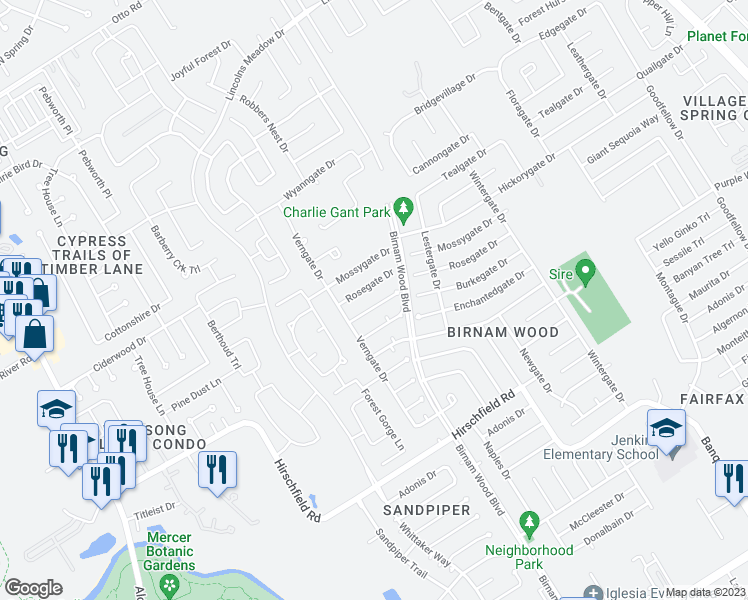 map of restaurants, bars, coffee shops, grocery stores, and more near 4227 Burkegate Drive in Spring