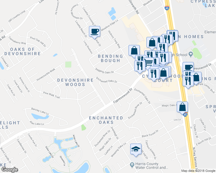 map of restaurants, bars, coffee shops, grocery stores, and more near 19607 Enchanted Spring Drive in Spring