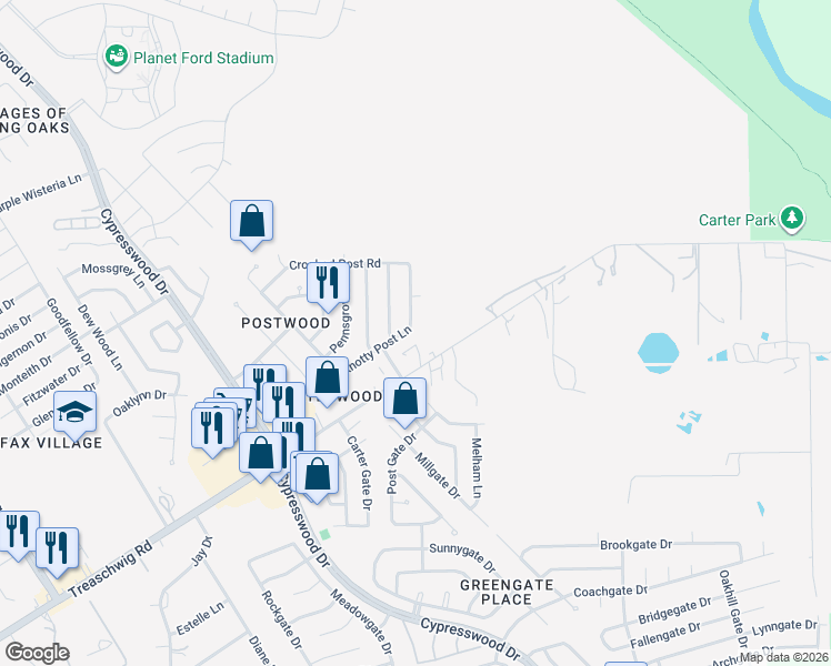 map of restaurants, bars, coffee shops, grocery stores, and more near 6122 Knotty Post Lane in Spring