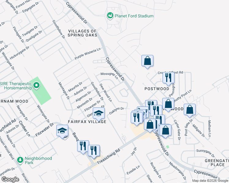 map of restaurants, bars, coffee shops, grocery stores, and more near 23214 Calico Corners Lane in Spring