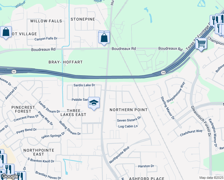 map of restaurants, bars, coffee shops, grocery stores, and more near 19802 Rippling Brook Lane in Tomball