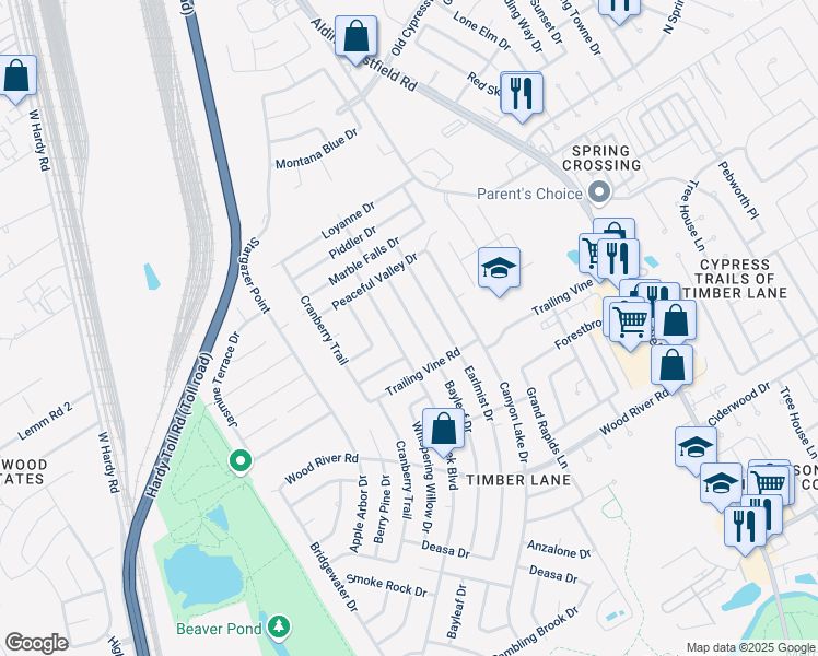 map of restaurants, bars, coffee shops, grocery stores, and more near 23435 Bayleaf Drive in Spring