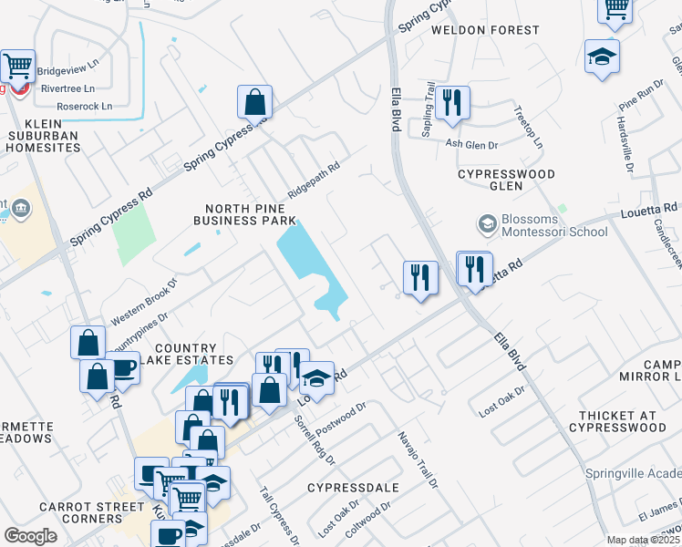 map of restaurants, bars, coffee shops, grocery stores, and more near 19415 Country Village Drive in Spring