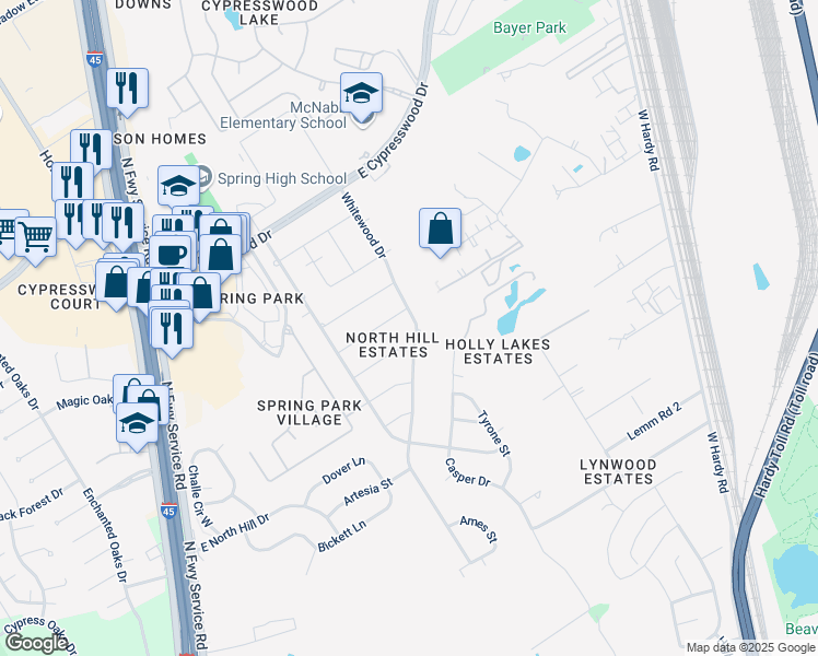 map of restaurants, bars, coffee shops, grocery stores, and more near 19331 Whitewood Drive in Spring
