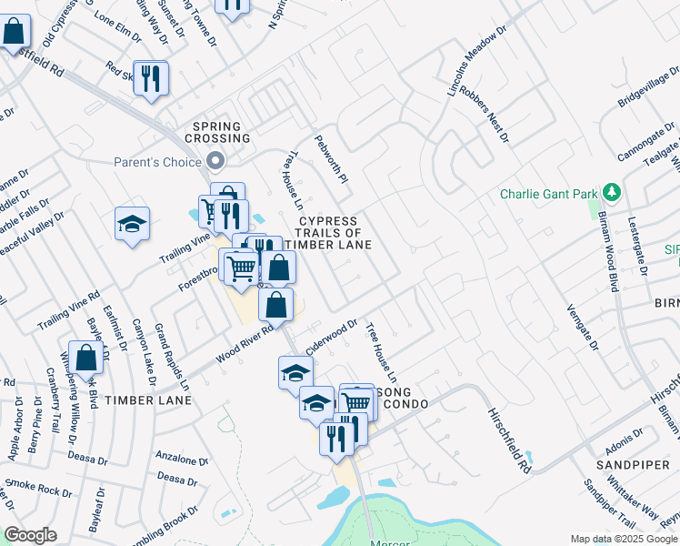 map of restaurants, bars, coffee shops, grocery stores, and more near 3106 Raccoon Run in Spring