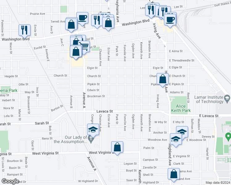 map of restaurants, bars, coffee shops, grocery stores, and more near 3870 Park Street in Beaumont