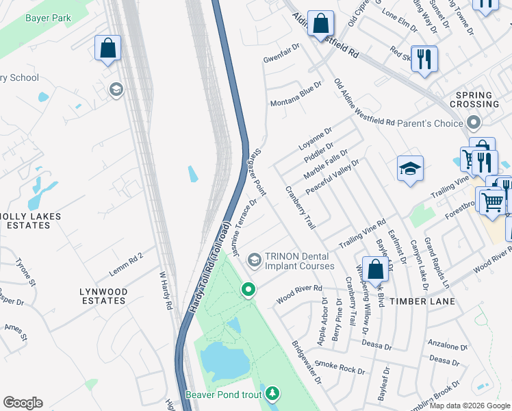 map of restaurants, bars, coffee shops, grocery stores, and more near 23810 Jasmine Terrace Drive in Spring