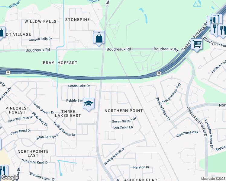 map of restaurants, bars, coffee shops, grocery stores, and more near 19802 Rippling Brook Ln in Tomball