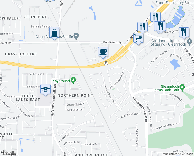 map of restaurants, bars, coffee shops, grocery stores, and more near 1235 Berwick Manor Court in Spring