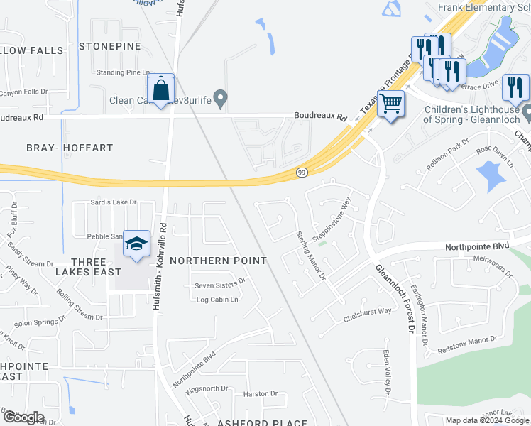map of restaurants, bars, coffee shops, grocery stores, and more near 10718 Gilford Crest Drive in Spring