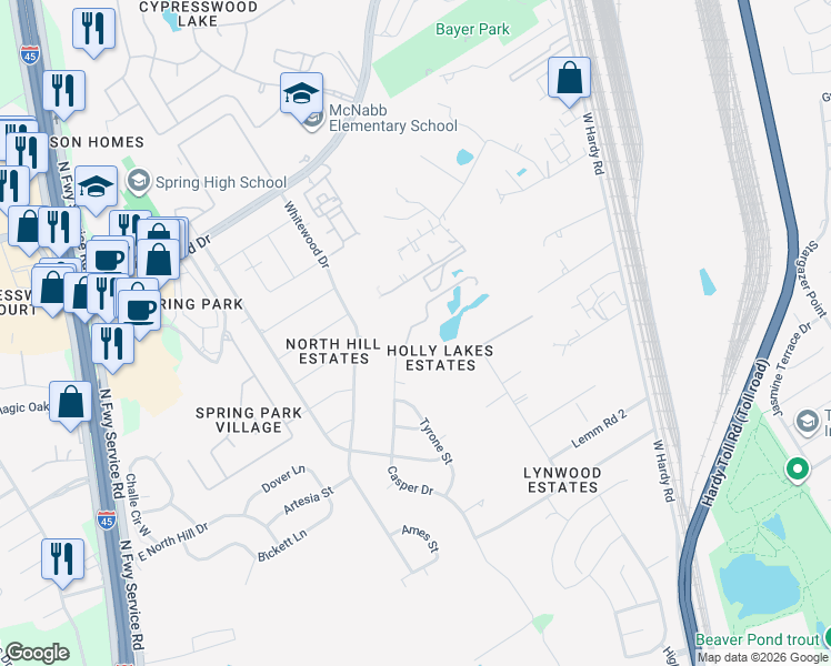map of restaurants, bars, coffee shops, grocery stores, and more near 2 Holly Tree Lane in Spring