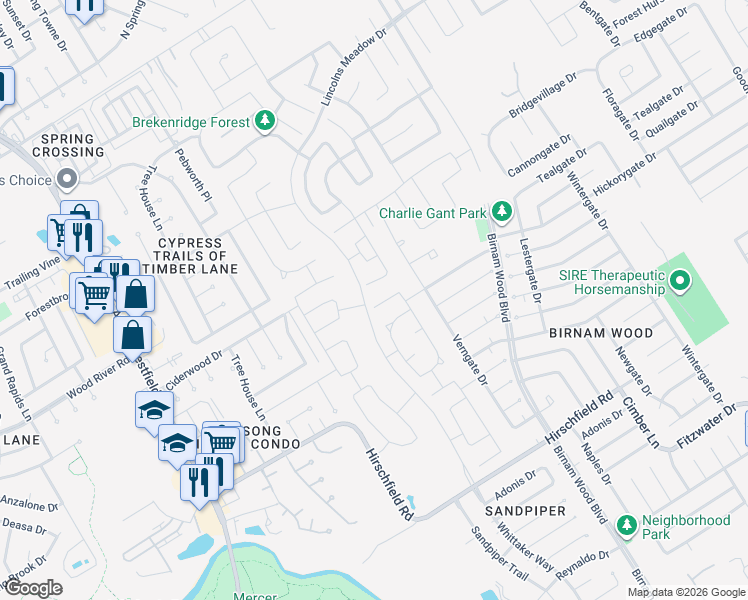 map of restaurants, bars, coffee shops, grocery stores, and more near 23811 Verngate Drive in Spring